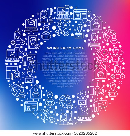 Work from home concept in circle with thin line icons: online conference, freelancer, online education, programmer, developer, copywriter, web designer, product manager. Vector illustration.