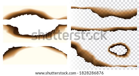 Collection of realistic vector paper burnt holes and scraps edges scorched isolated on transparent background. Burnt page edges and corners. Destroyed paper or parchment with cracked and dirty borders Royalty-Free Stock Photo #1828286876