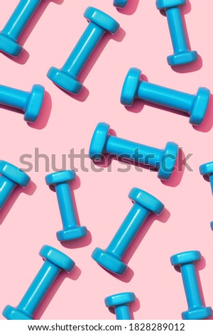 Fitness dumbbells blue on a pink background pattern. Equipment for home workouts and exercises in the flat lay gym. Sports dumbbell for a healthy lifestyle top view. Royalty-Free Stock Photo #1828289012