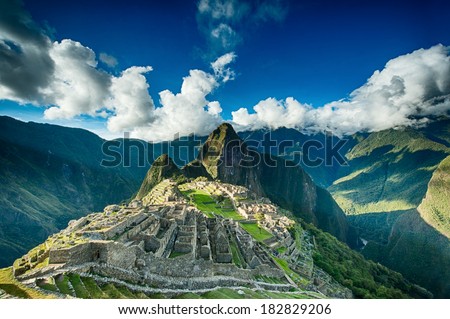 Machu Picchu beautiful panorama overview above the world heritage site Royalty-Free Stock Photo #182829206
