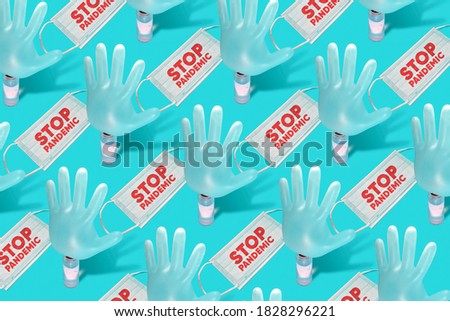 Safety Kit for Awareness to Stop Pandemic, Gloves and Hand Sanitizers Represent Sign Stop, Covid Pandemic Situation