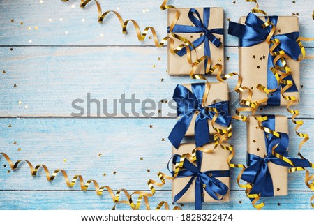 Wrapped gifts for holidays flat lay background