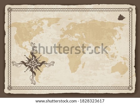 Old world map. Vector paper texture with border frame. Wind rose. Vintage vautical compass. Retro design banner. Decorative antique museum picture with border