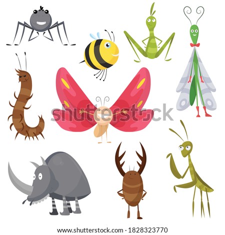 Set of funny cartoon insects isolated on white. Vector bee, butterfly, spider, wasp, mantis, dragonfly, rhinoceros beetle, characters. Collection happy comic bugs. Colorful hand drawn illustration