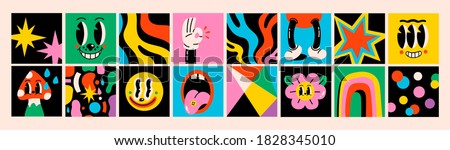Hand drawn Abstract shapes, funny cute Comic characters. Big Set of Different colored Vector illustartions. Cartoon style. Flat design. All elements are isolated. Square Posters, logo Templates  Royalty-Free Stock Photo #1828345010