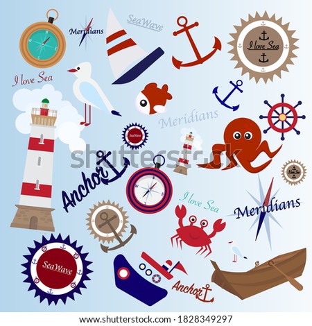Marine cute set. With a lighthouse, octopus, boat, steering wheel, crab, fish, anchor, clouds, inscriptions, cliparts, compass, meridians. For postcards, prints


