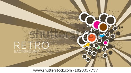 Retro rays grunge background pattern in 60s hippie style. Grunge textured vintage color palette of beige, brown and pink. Colored circles in spiral or swirling radial striped vector design.