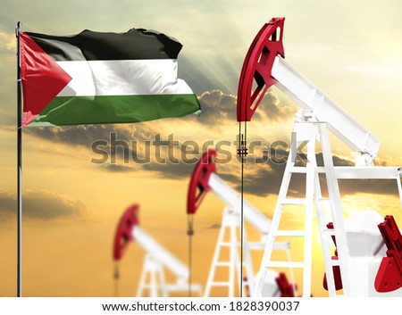 Oil rigs against the backdrop of the colorful sky and a flagpole with the flag of Palestine. The concept of oil production, minerals, development of new deposits.