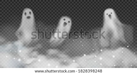 Set of realistic vector ghosts in fog. 3d smokes looking like night ghouls in mystic glittered smoke. Halloween illustration of scary poltergeist or phantom