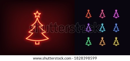 Neon Christmas tree with star, glowing icon. Neon New Year tree silhouette, outline Christmas tree in vivid colors. Festive fir with neon light. Icon set, sign, symbol for UI. Vector illustration