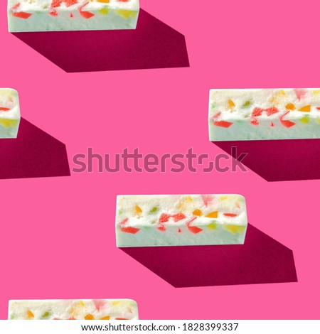 Photo seamless pattern gray marshmallow with colored splashes with shadows on a colored background.  
