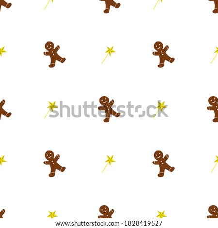 Seamless pattern with gingerbread and Christmas tree star. Isolate. Vector illustration of cartoon style. Template for fabric, textiles, wrapping paper, Wallpaper, cover, etc.