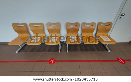 Seats with physical spacing due to the Covid-9 pandemic. High quality photo