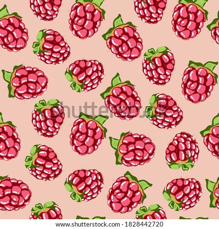 Seamless patter vector drawings of handmade raspberry berries on pastel background, flat. Delicious, dietary, sweet, vitamin background, symbol, wrapping, gifts, holiday, greeting card, decoration.