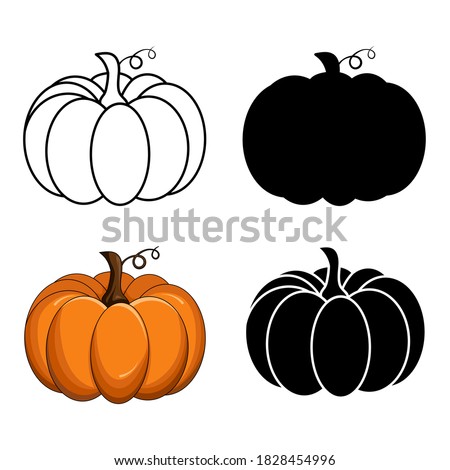 Pumpkin vector set isolated on white. Autumnal silhouette, outline and orange cartoon collection. Halloween or thanksgiving illustration. Symbolic and seasonal shape for party invitation. 