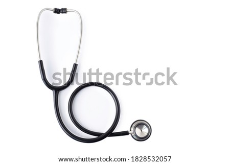 Close-up of Black stethoscope of doctor for checkup on white background with clipping path. Stethoscope equipment of medical use to diagnose from hear sound. Health care and cardiology concept.