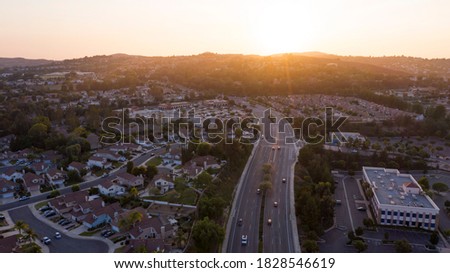 Sunset aerial view of the skyline of Chino Hills, California, USA. Royalty-Free Stock Photo #1828546619