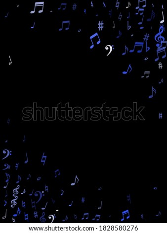 Blue flying musical notes isolated on black background. Fresh musical notation symphony signs, notes for sound and tune music. Vector symbols for melody recording, prints and frames.