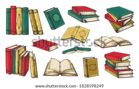 Hand drawn books. Colored vintage piles and stacks of book, reading and writing textbook concept.  isolated image educational retro illustration set in bookstore or library on white background