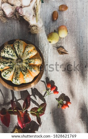 autumn decor from pumpkins, red berries foliage garlic, accorn on a white wooden background. Concept of Happy Thanksgiving day or Halloween. Flat lay autumn composition