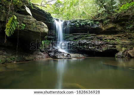 Peaceful scenery, beautiful waterfall, serene atmosphere surrounded by green vegetation and gorgeous swimming hole. Iriomote Island, natural world heritage. Royalty-Free Stock Photo #1828636928