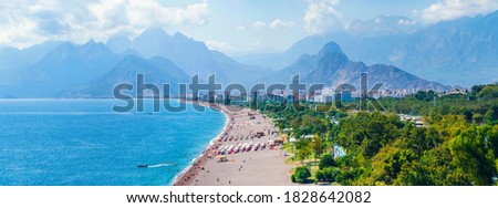 Panoramic views of Antalya and the Mediterranean coast and the beach and beautiful mountains in the clouds. Antalya, Turkey Royalty-Free Stock Photo #1828642082