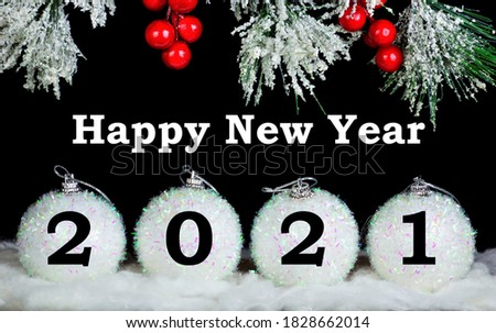 Happy New year to 2021. Text message of congratulations. Festive background - elegant snow-covered spruce branch, Decoration for creative design, fun and gifts.