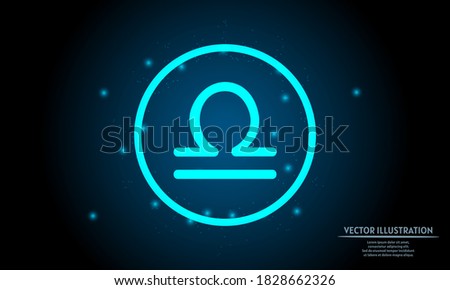 glowing libra zodiac sign on dark blue background of the space with shining stars. zodiac glowing backgraound. Neon zodiac sign