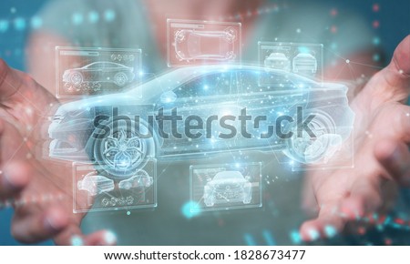 Woman on blurred background holding and touching holographic smart car interface projection 3D rendering
