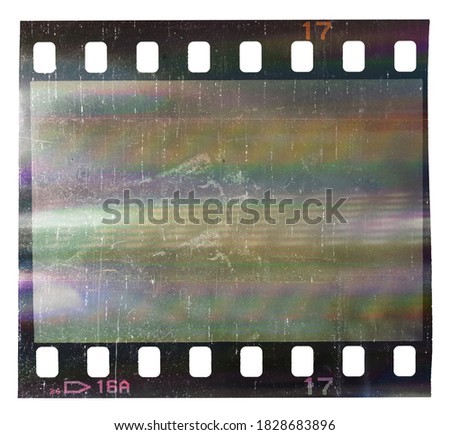 single 35mm filmstrip with empty cell isolated on white with cool scanning light interferences, retro photo placeholder for your social media posting or poster idea.