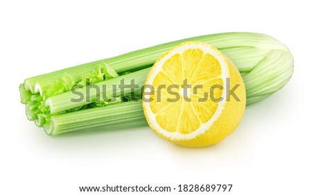 Celery leaves and lemon on a white background. Clip art image for package design.