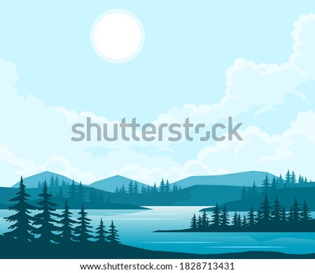 Nature landscape with fir trees and hill peaks silhouettes on horizon
