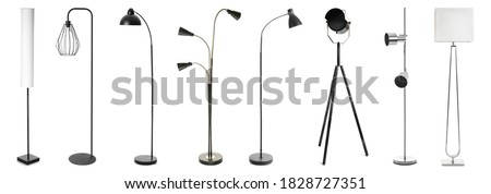 Set of different floor-lamps on white background Royalty-Free Stock Photo #1828727351