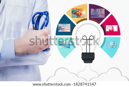 Medicine doctor with stethoscope in hand and  light bulb circle infographic template for graphs .Medical technology concept