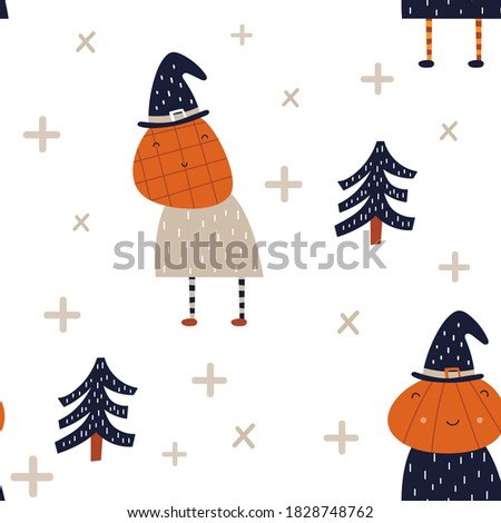 Halloween seamless pattern with cute Halloween characters and symbols – funny pumpkins and trees. October magic background. Vector Illustration. Pattern is cut, no clipping mask.