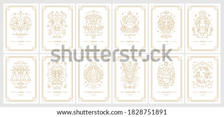 Zodiac astrology horoscope cards linear design vector illustrations set. Elegant symbols and icons of esoteric horoscope templates for wall print poster isolated on black background Royalty-Free Stock Photo #1828751891
