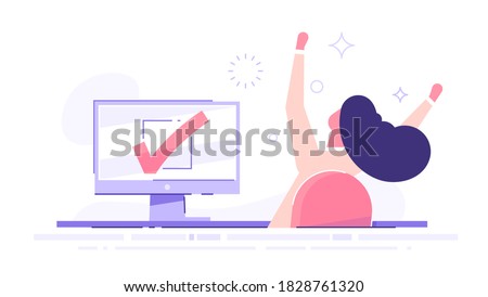 Happy woman completed task and triumphing with raised hands on the her workplace.  Successful well done work. Completed task. modern vector illustration. Royalty-Free Stock Photo #1828761320