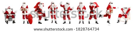 Set with African-American Santa Claus on white background