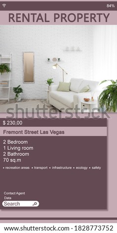 Property search agency application. Rental information: photo of living room and details