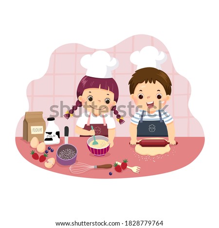 Vector illustration cartoon of siblings baking together at kitchen counter. Kids doing housework chores at home concept.