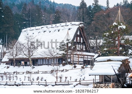 Ancient house with thick snow covered roof.
