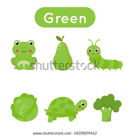 Flashcards for learning colors. Green color. Educational worksheet for preschool kids. Set of pictures in green color.