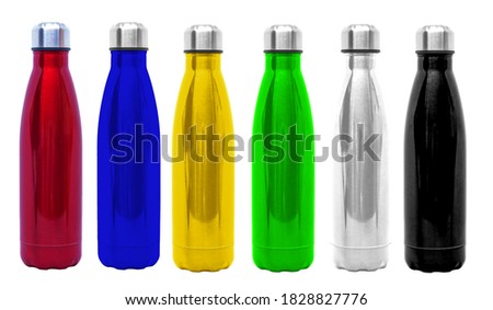 Steel or aluminium thermo water bottles. Red, blue, green, yellow, black and aluminum reusable metal bottle.