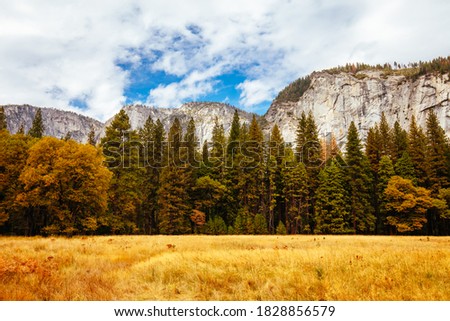The view from within Yosemite Valley of surrounding rock faces on a stormy day in California, USA Royalty-Free Stock Photo #1828856579