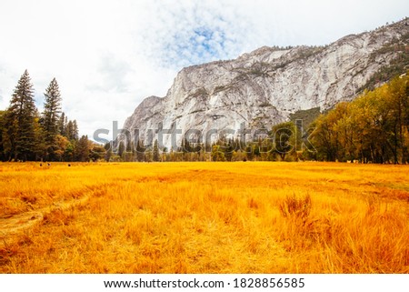 The view from within Yosemite Valley of surrounding rock faces on a stormy day in California, USA Royalty-Free Stock Photo #1828856585