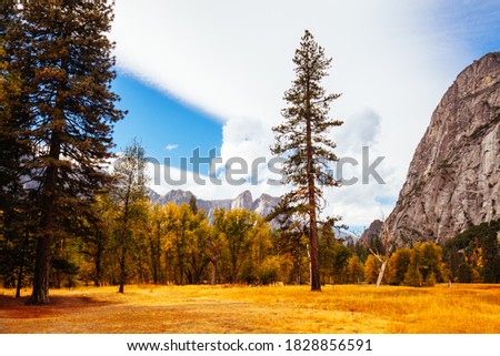 The view from within Yosemite Valley of surrounding rock faces on a stormy day in California, USA Royalty-Free Stock Photo #1828856591