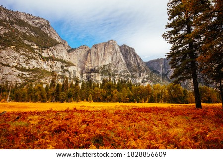 The view from within Yosemite Valley of surrounding rock faces on a stormy day in California, USA Royalty-Free Stock Photo #1828856609