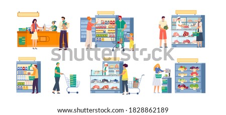 People in supermarket grocery store vector illustration set. Cartoon flat happy man woman or family shopper characters with trolley cart and basket shopping in hypermarket, buy food isolated on white Royalty-Free Stock Photo #1828862189