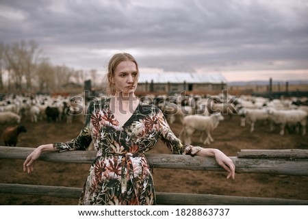 Portrait of woman in countryside. Long dress. Sheep on background. Wooden fence. Windy day. Village