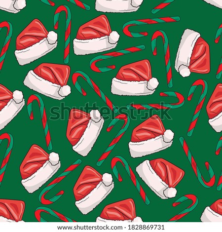 Christmas seamless pattern with caps of Santa Claus and sweets. New Year. Vector illustration.
